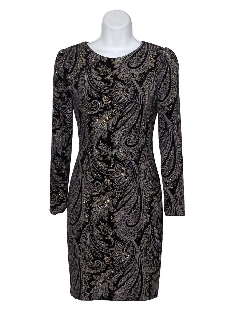 MSK Black and Gold Paisley Long-Sleeve Sheath Dress